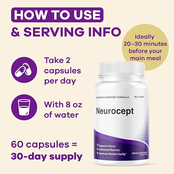 Neurocept Brain Supplement Capsules - Official Neuro cept Brain & Memory Focus Support Advanced Formula, Neurocept Pills Daily Support for Overall Health & Wellness, 60 Capsules for 1 Month