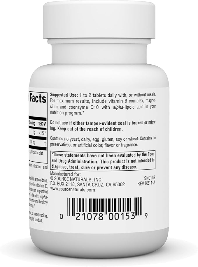 Alpha Lipoic Acid 100mg Source Naturals, Inc. 30 Tabs