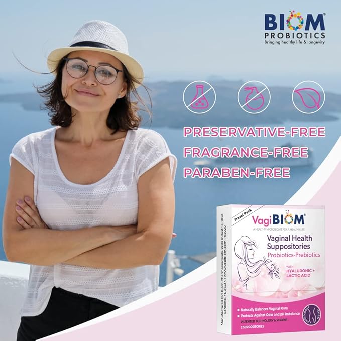 VagiBiom Probioitc Suppository Convenient Travel Pack with 2 Suppositories: Microbiome Flora Balance. Odor Control Regimen; Balance and Nourishes Healthy Flora