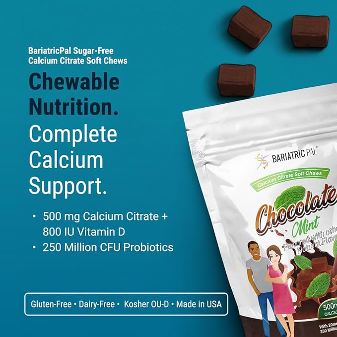 BariatricPal Sugar-Free Calcium Citrate Soft Chews | 500mg with Vitamin D & Probiotics | Chocolate Mint | 90 Count (1 Month Supply)