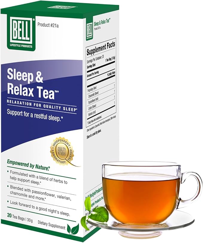 Bell Lifestyle Sleep & Relax Herbal Tea - Night Time Blend with Chamomile, Passionflower, Linden, Valerian, 100% Natural, Vegan, Caffeine-Free - 20 Tea Bags