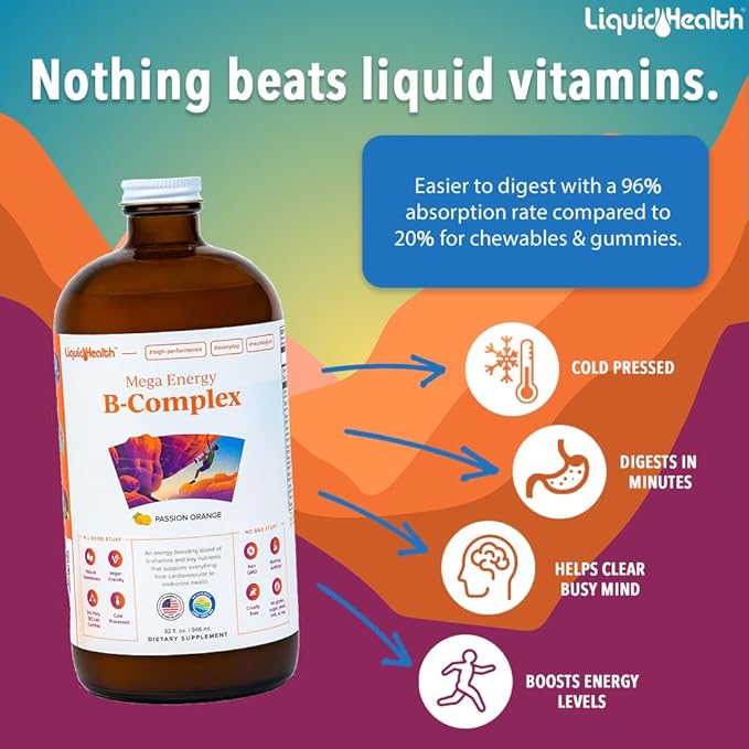 LIQUIDHEALTH 32 Oz Vitamin B Complex Liquid Multivitamin for Women & Men, Super B Complex, Mega B Vitamins Energy Supplement with B1, B2, B3, B5, B6, Methyl B12 Liquid, Folate & Biotin - Made in USA