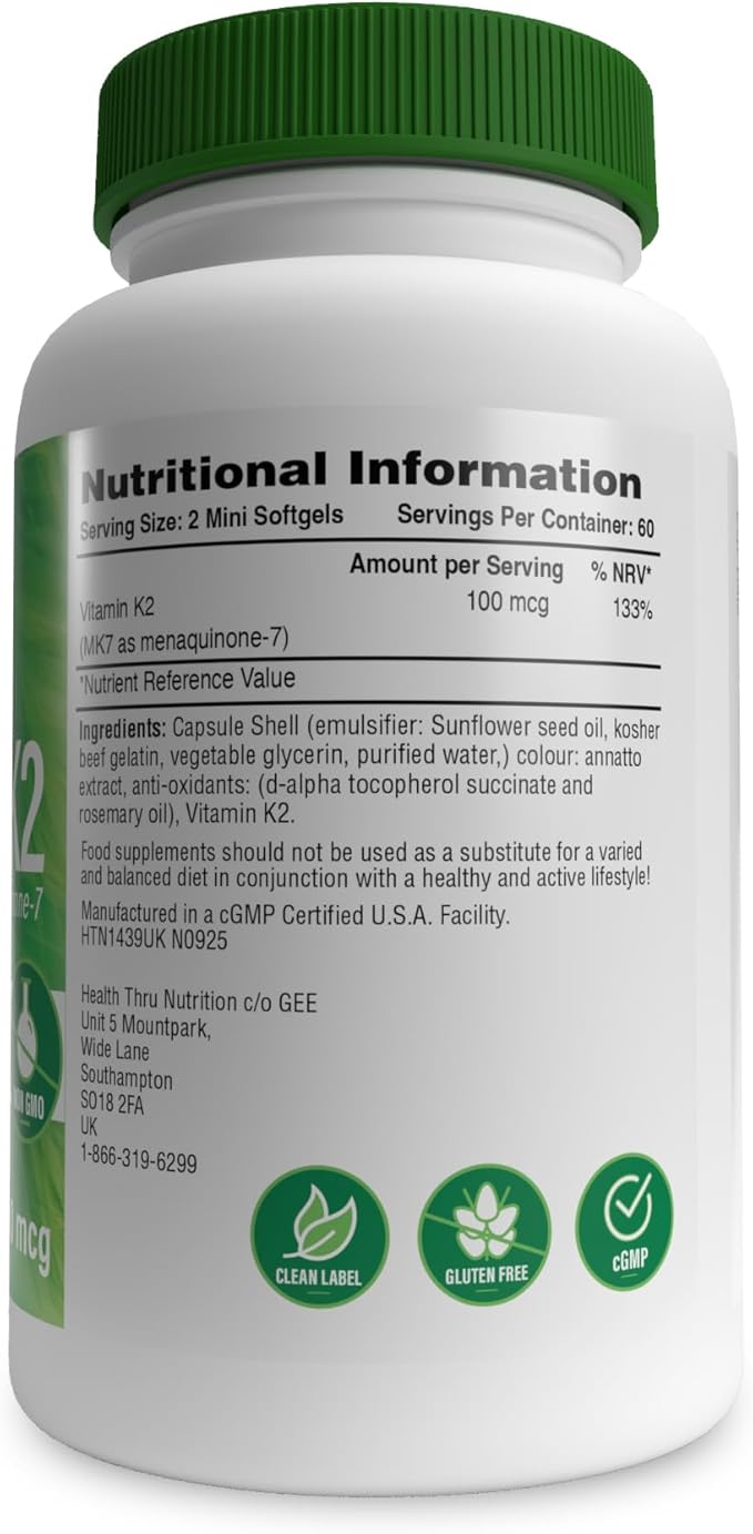 Health Thru Nutrition Vitamin K2 (MK-7) 100mcg – 120 Softgels | Menaquinone-7 | Highly Bioavailable K2 Supplement | Non-GMO, Soy-Free, Gluten-Free