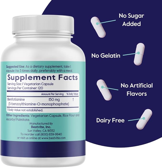 BESTVITE Benfotiamine 150mg (120 Vegetarian Capsules) No Stearates - No Silicon Dioxide - Vegan - Non GMO - Gluten Free