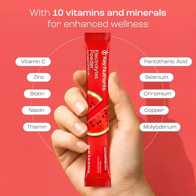 KEY NUTRIENTS Electrolytes Powder Packets - Multivitamin Watermelon 20 Pack Hydration Packets - Travel Hydration Powder - Improved Refreshing Taste - Made in USA - No Sugar, No Calories, Gluten Free