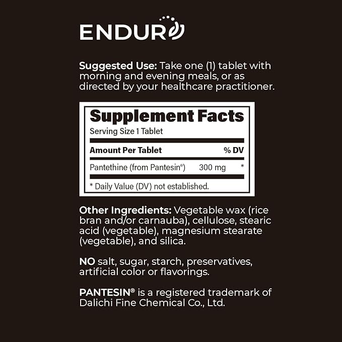 Endur Pantethine from Pantesin, Liver Function & Healthy Cholesterol Balance Supplement, Sustained Release Formula, Gluten Free, 300mg (90 Tablets)