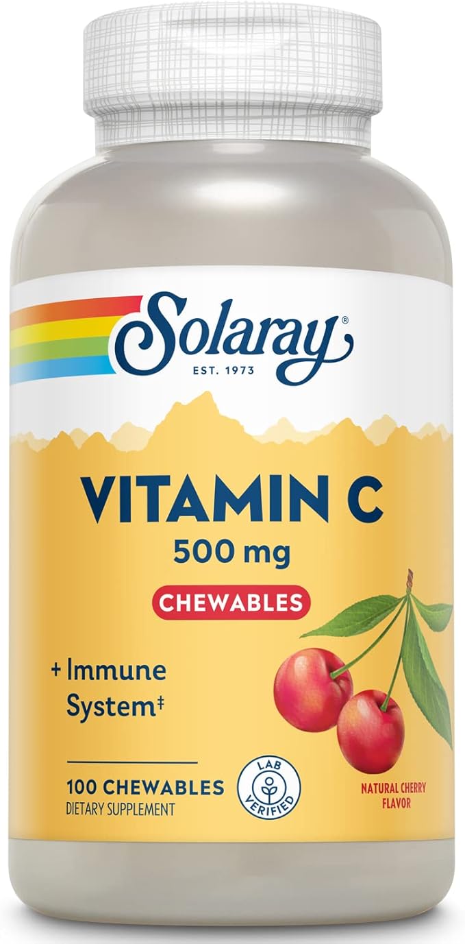 SOLARAY Chewable Vitamin C 500 mg, Natural Cherry Flavor with Natural Sweeteners, Antioxidant and Immune Support Supplement with Whole Food Base, 60-Day Guarantee, 100 Servings, 100 Chewables