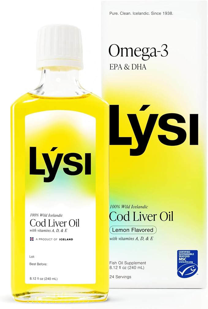 LYSI Icelandic Cod Liver Oil Liquid Supplement – 1,100 mg Omega-3 per Teaspoon – EPA 740 mg & DHA 920 mg per 2 TSP – with Vitamins A, D & E – Lemon Flavor 8.12 fl oz (24 Servings)