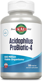 KAL Acidophilus ProBiotic-4, 500 Million CFUs, Four Probiotic Strains, Probiotics for Women and Men, Freeze Dried, L. acidophilus, L. bulgaricus, S. thermophilus, B. bifidum, 250 Servings, 250 VegCaps
