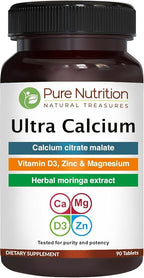 Pure Nutrition Ultra Calcium 1000mg with VIT D3 + K | 90 Tab | Calcium Supplement with Calcium Citrate Malate, VIT D3, K, Moringa Oleifera, Magnesium and Zinc.