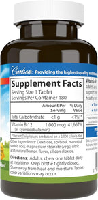 Carlson - Chewable B-12, 1000 mcg, Energy Production, Nerve Function & Optimal Wellness, Lemon, 180 tablets