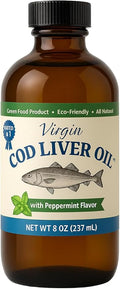 Virgin Cod Liver Oil - 8 Fl oz Natural, Wild Caught & Fresh Tasting,.High in Vitamin D, Omega 3 DHA/EPA (Peppermint Flavored)