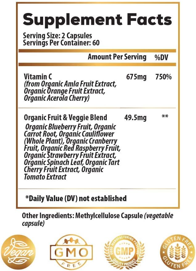 Whole Food Vitamin C Supplement 675mg – Plant Based Vitamin C Complex from Organic Oranges, Acerola Cherry & Natural Fruit Cofactors – Immune & Antioxidant Support – Vegan, Non-GMO – 120 capsules