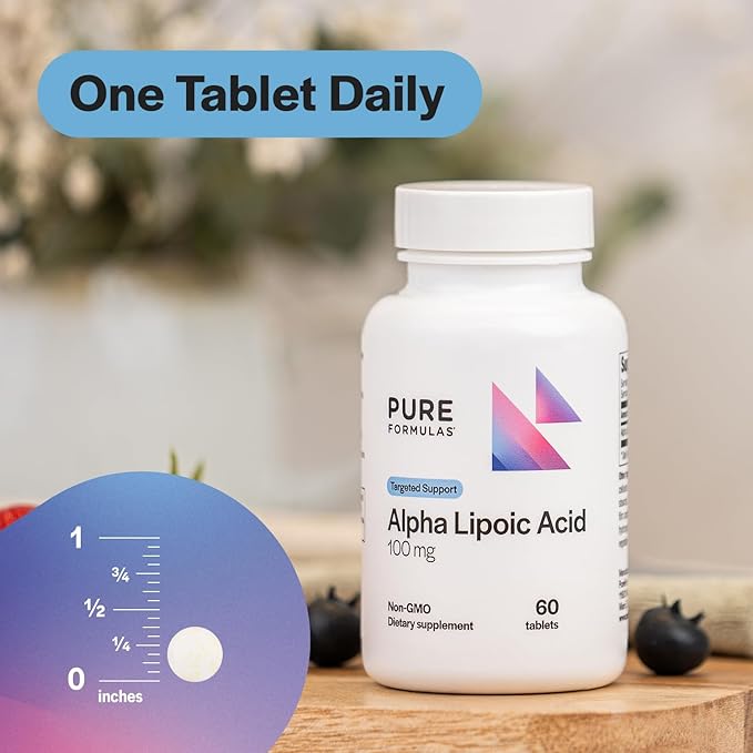 PureFormulas Alpha Lipoic Acid 100 mg ALA Supplement for Liver Support, Antioxidants, Nerve, & Cardiovascular Health Acido Alfa Lipoico 100mg Neuropathy Supplement Non-GMO 60 Tablets