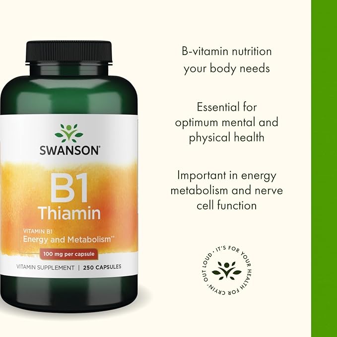 Swanson Vitamin B1 (Thiamin) - Promotes Healthy Metabolism and Provides Energy Support - Natural Vitamin Supplement Supporting Optimum Nerve Cell Function - (250 Capsules, 100mg Each)