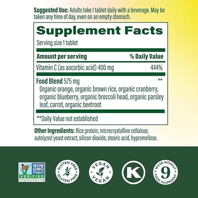MegaFood Ultra C 400 mg - Vegan Vitamin C Immune Support Supplement, Vitamin C Supplement Made with Real Food Including Broccoli, Carrot, Cranberry & Brown Rice - 90 Tablets, 90 Servings