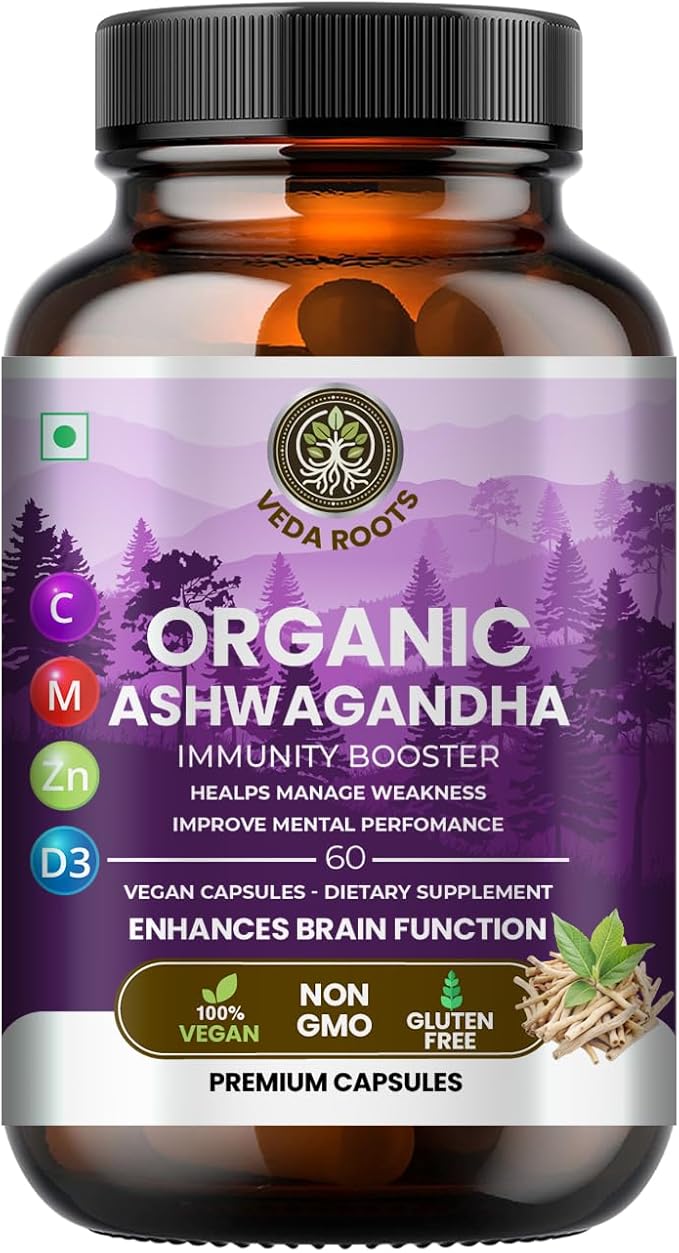 Ashwagandha KSM 66 Pure Organic Root Powder Extract Ayurvedic Supplement - Focus, Mood Support, Increase Energy, Strength, 600mg of Natural KSM66 for Superior Absorption - 60 Capsules