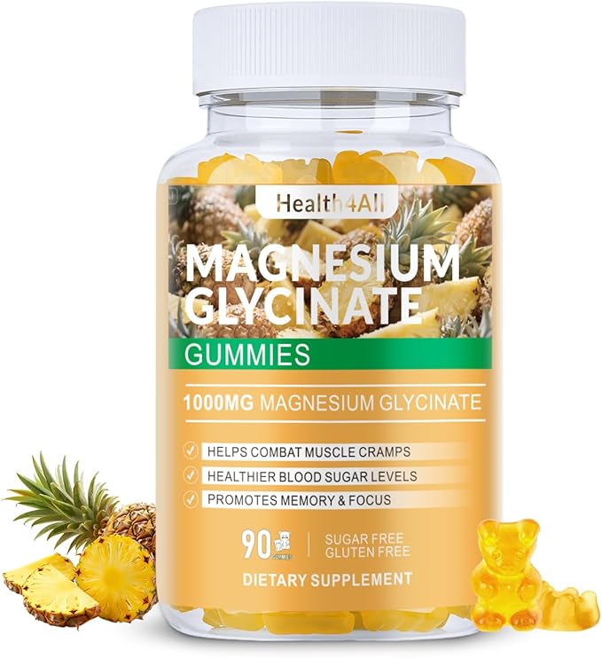 Magnesium Glycinate Gummies 1000mg, High Absorption Sugar Free Magnesium Potassium Supplement for Relaxation, Stress Relief, and Sleep Support for Adults & Kids - 180 Pineapple Gummies