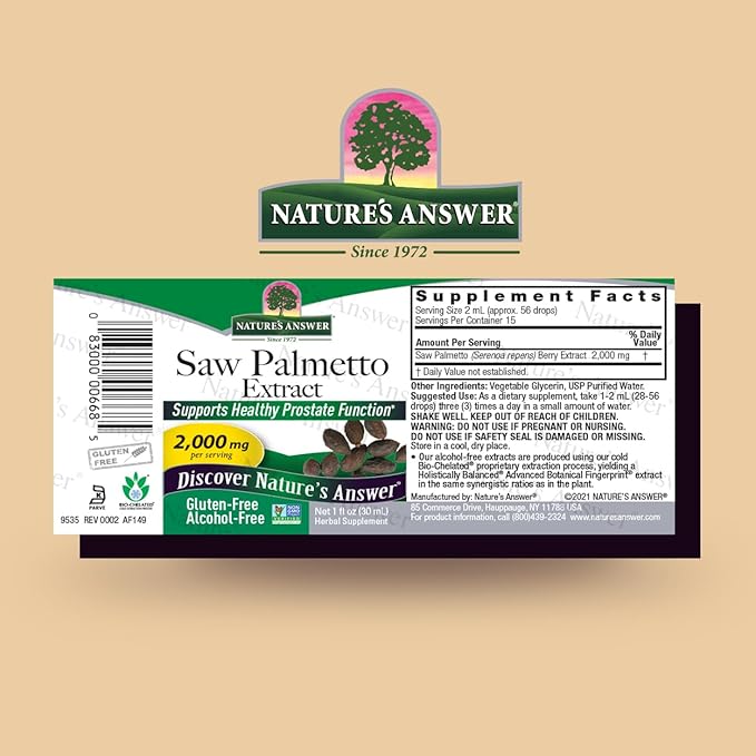 Nature's Answer Alcohol-Free Saw Palmetto Berry Extract, 1-Fluid Ounce | Prostate Support | Natural Urinary Health | Promotes Hair Growth