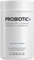 Codeage Probiotic+ 50 Billion CFU** Supplement - 12-Strain Probiotic Blend, Organic Prebiotic Fiber, Postbiotics, Vitamin D3, Zinc Bisglycinate, Quercetin - for Men & Women - Non-GMO - 30 Capsules