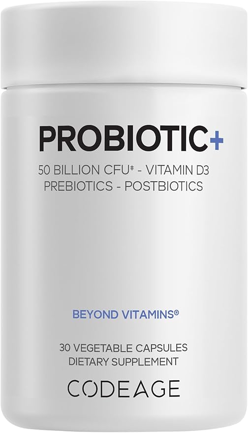 Codeage Probiotic+ 50 Billion CFU** Supplement - 12-Strain Probiotic Blend, Organic Prebiotic Fiber, Postbiotics, Vitamin D3, Zinc Bisglycinate, Quercetin - for Men & Women - Non-GMO - 30 Capsules