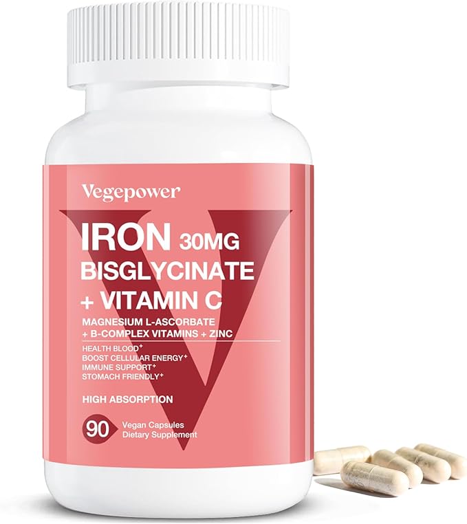 Iron Bisglycinate 30 mg with Vitamin C - High Absorption Iron Supplements for Anemia, Energy & Healthy Red Blood Cells - Gentle on Stomach, Non-Constipating, Non-GMO - 90 Vegan Capsules