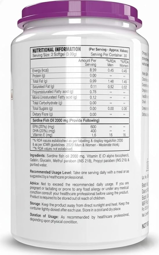 Omega 3 Fish Oil | Omega 3 Fish Oil Capsules for Women and Men | Triple Strength Fish Oil | Burpless, EPA 600 - DHA 400 Supplement, 60 Softgel Capsules