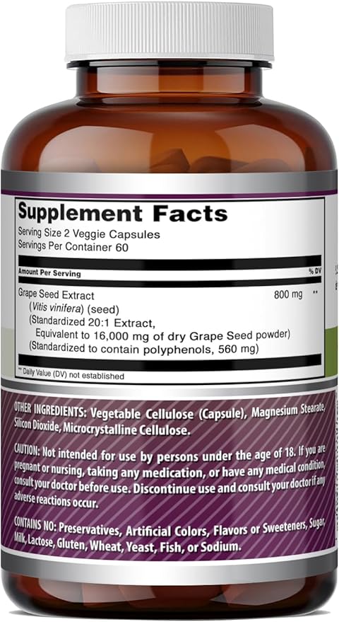Amazing Formulas Grape Seed 800 Mg (20:1) Extract | Veggie Capsules Supplement | 16000 Mg Equivalent | Non-GMO | Gluten-Free | Made in USA (1 Pack | 120 Count)