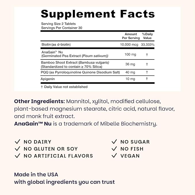 EZ Melts Hair Health Complete - Hair Supplement to Support Strength & Growth - Includes AnaGain Nu, Biotin, Apigenin, Bambo Silica & More - 60 Sublingual Tablets (30 Servings)