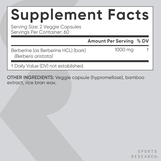Sports Research Berberine - Herbal Ayurvedic Metabolic Health Support - 1000mg - 120 Capsules - Vegan Certified, Gluten-Free, Non-GMO