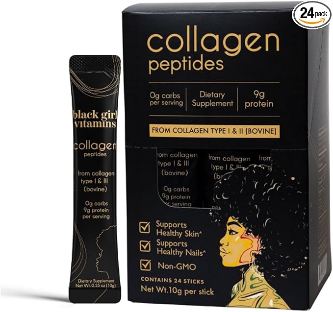 Black Girl Vitamins Collagen Stick Packs – Collagen Type I & III Supplement for Hair, Skin & Nails – Unflavored Collagen Protein Powder – 9g Protein, 0g Carbs – 24 Pack