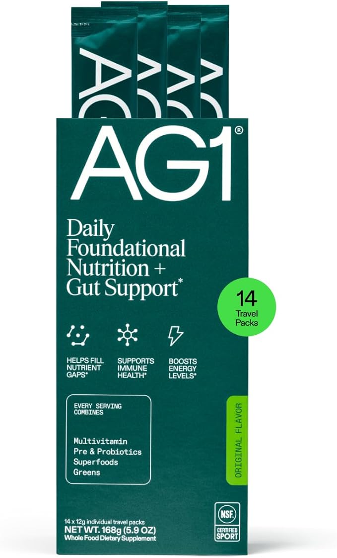 AG1 Athletic Greens Powder Supplement, Improve Gut Health, Multivitamin, Probiotic, Gluten Free, Vegan and Keto Friendly, 75 Vitamins (Travel Packs, 14 Count) - Classic Formula