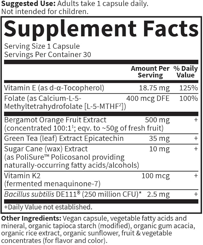 Garden of Life Herbals Heart Health Supplement with Folate, Bergamot, Green Tea & Vitamin E & K for Cholesterol, Circulatory & Blood Pressure Support, Non-GMO, Gluten-Free, Citrus Flavor, 30 Servings