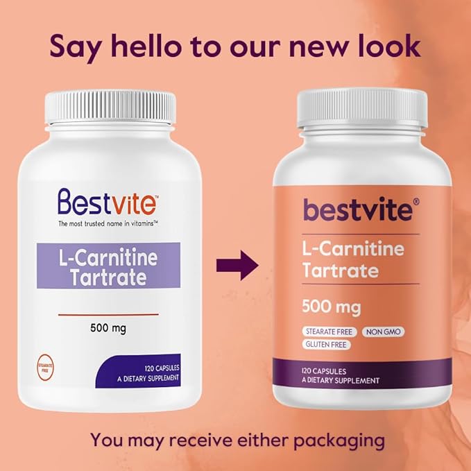 BESTVITE L-Carnitine Tartrate 500mg per Capsule (120 Capsules) - No Stearates - Non GMO - Gluten Free - Supports Heart Health & Energy Production*