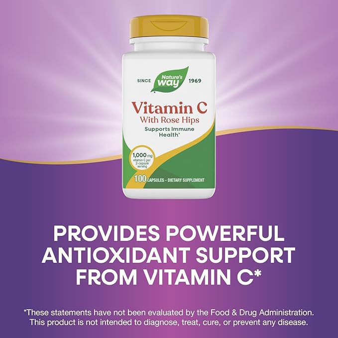 Nature's Way Vitamin C with Rose Hips, Powerful Antioxidant & Immune Function Support from Vitamin C*, Promotes Collagen for Healthy Skin*, 1,000 mg Vitamin C, 100 Capsules (Packaging May Vary)