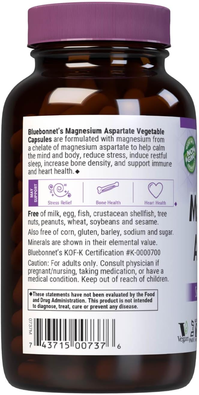 Bluebonnet Nutrition Magnesium Aspartate, Supports Healthy Magnesium Levels, Soy & Gluten & Dairy Free, Non-GMO, Kosher Certified, Vegan, 100 Servings, White, 200 Count