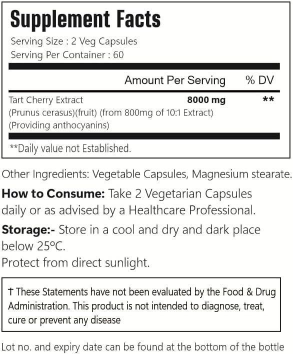 Tart Cherry Extract Supplement, 8000 mg, 120 Capsules, 60 Servings 100% Vegetarian, Non-GMO & Gluten Free