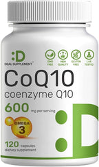 CoQ10 600mg, 120 Capsules – with Omega 3 Fatty Acid 100mg – Max Strength – Bioavailable Coenzyme Q10 Supplements – Heart, Energy, & Brain Health Antioxidant Support – Non-GMO