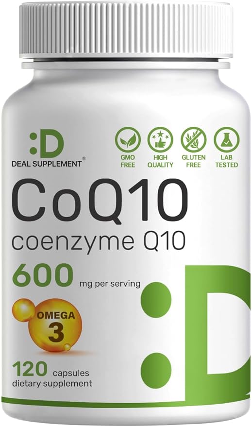 CoQ10 600mg, 120 Capsules – with Omega 3 Fatty Acid 100mg – Max Strength – Bioavailable Coenzyme Q10 Supplements – Heart, Energy, & Brain Health Antioxidant Support – Non-GMO