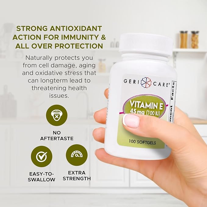 GeriCare High-Potency Vitamin E Softgels – 100 IU for Skin & Immune Support, 45mg | 100 Count | Organic Vitamin E for Women and Men, VitaminE Capsules (Pack of 2)