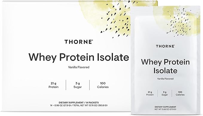 THORNE - Whey Protein Isolate - Balanced Amino Acids Profile with BCAAs - 21 Grams of Easy to Digest Whey Protein Powder - NSF Certified for Sport - Vanilla - Gluten & Soy-Free - 14 Packets