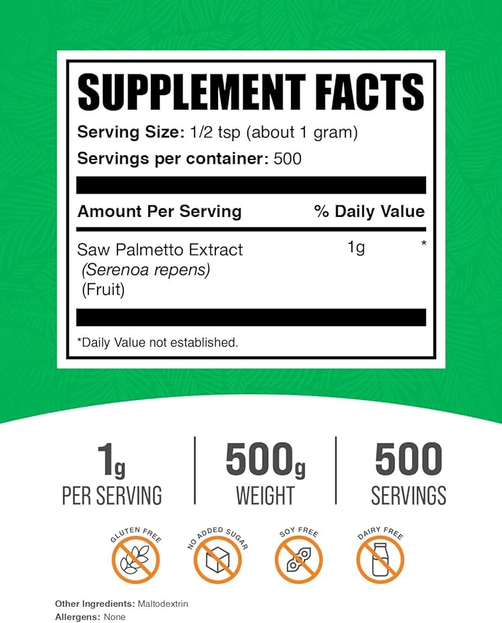 BulkSupplements.com Saw Palmetto Extract Powder - Serenoa Repens, Saw Palmetto Supplement, Herbal Supplement - Vegan & Gluten Free, 1g per Serving, 500g (1.1 lbs) (Pack of 1)