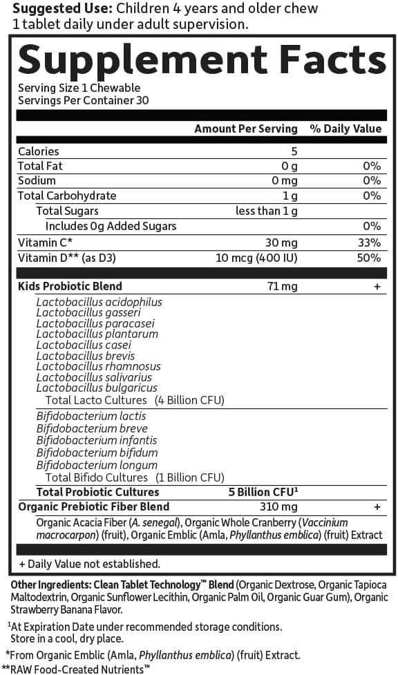 Garden of Life Dr. Formulated Probiotics Organic Kids+-Digestive Health Support-Prebiotic Fiber&Vitamins C&D-Supports Immune Function-Shelf Stable-Strawberry Banana,30 Yummy Chewables,(Pack of 2)