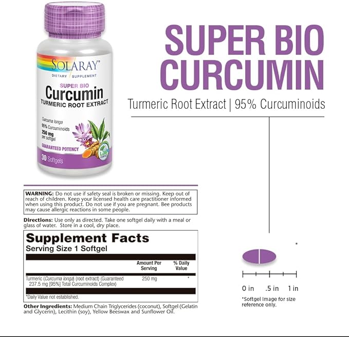SOLARAY Super Bio Curcumin 250mg | Turmeric Root Extract, 95% Curcuminoids | Healthy Joint Support & More | 30 Softgels