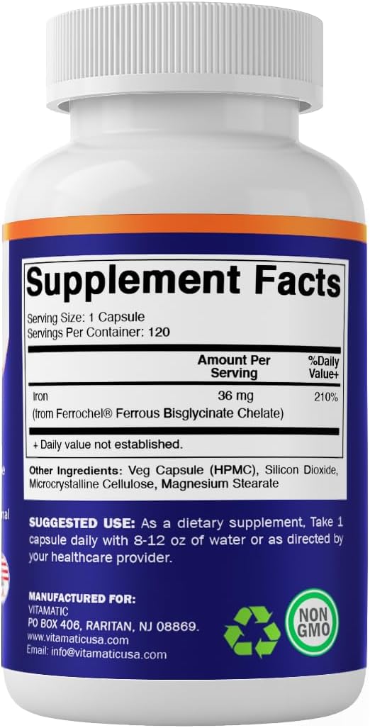 Vitamatic Chelated Iron 36 mg (from Ferrochel® Ferrous Bisglycinate Chelate) – Non-Constipating - 120 Veg Capsules - Non GMO, Gluten Free, Made in USA