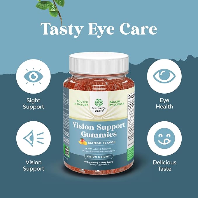 Vision Support Gummies for Adults - Lutein and Zeaxanthin Supplements for Eye Health - Potent Lutein Eye Vitamins for Blue Light Protection Dryness Strain Support & Visual Sharpness - 60 Count