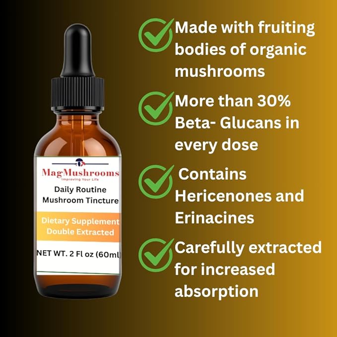 Daily Routine Mushroom Tincture, High Potency, Double Extracted, 60 Daily Doses, Blend of Lion's Mane, Cordyceps, Reishi, Turkey Tail, and Chaga