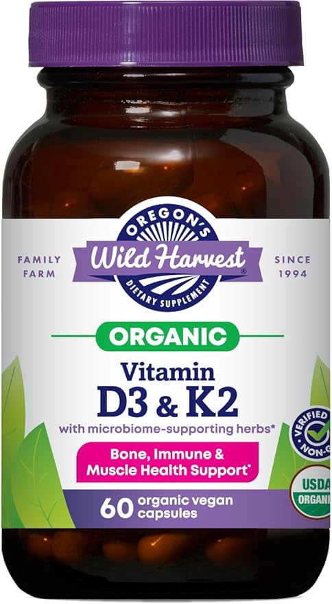 Oregon’s Wild Harvest Organic Vitamin D3 & K2 – Bone, Immune & Muscle Health Support – Vegan Capsules with Microbiome-Supporting Herbs, Aquamin® Trace Minerals, USDA Organic, 60 Ct