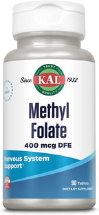 KAL Methyl Folate 400 mcg DFE, 5-MTHF Active Form Vitamin B9, Folic Acid Supplement, Heart Health, Prenatal, Mood and Brain Support, Fast Dissolving ActivTab, 60-Day Guarantee, 90 Servings, 90 Tablets