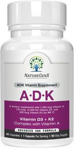 ADK Vitamin Supplement – Vitamins A, D3 & K2 MK-7 for Bone Health & Calcium Absorption – Gluten-Free, Non-GMO, Soy-Free – 60 Capsules (2-Month Supply)